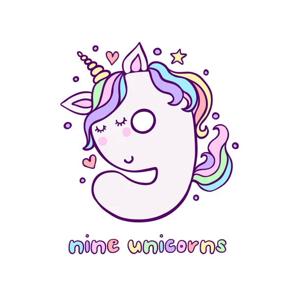 Cute Number Nine Unicorn Character Vector Illustration — Stock Vector