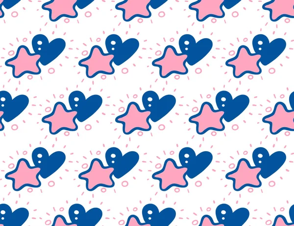 青いハートとピンク星シームレス パターン — ストックベクタ