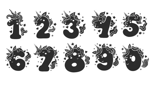 Números com conjunto de vetores de caracteres de unicórnios bonitos — Vetor de Stock