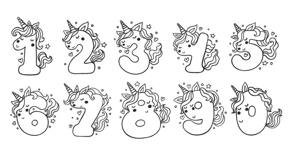 Números com conjunto de vetores de caracteres de unicórnios bonitos Ilustrações De Stock Royalty-Free