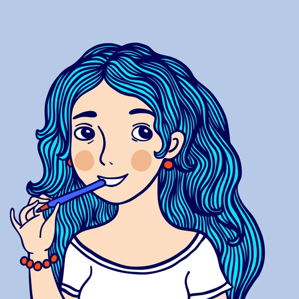 Blauwe Hair meisje met potlood — Stockvector
