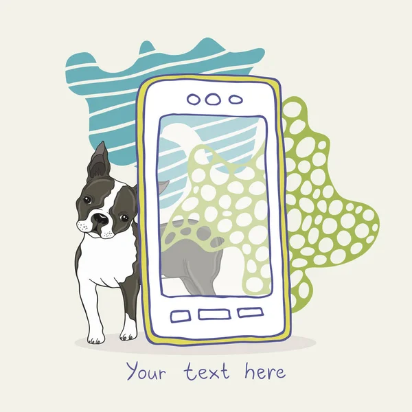 Smartphone en Boston Terrier hond illustratie — Stockvector