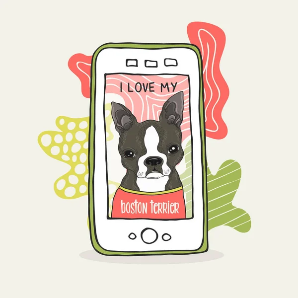 Ilustración de Smartphone y Boston Terrier Dog — Vector de stock