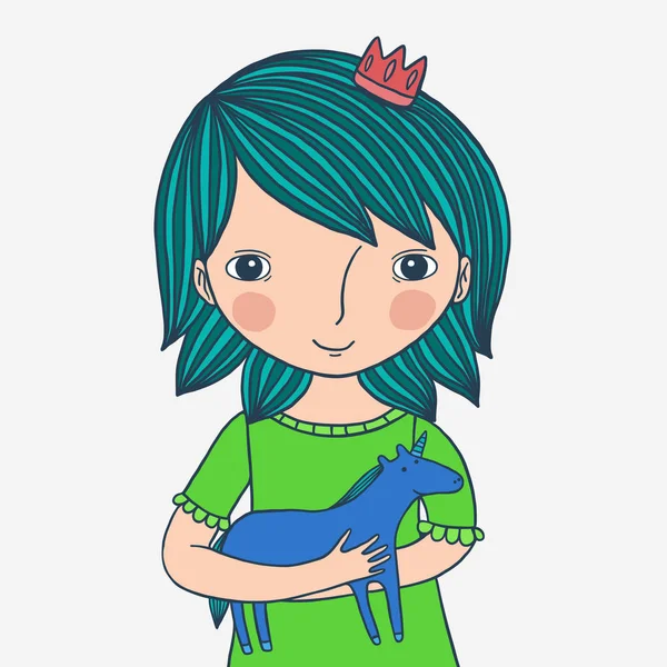 Prinzessin mit blauem Haar und Einhorn — Stockvektor