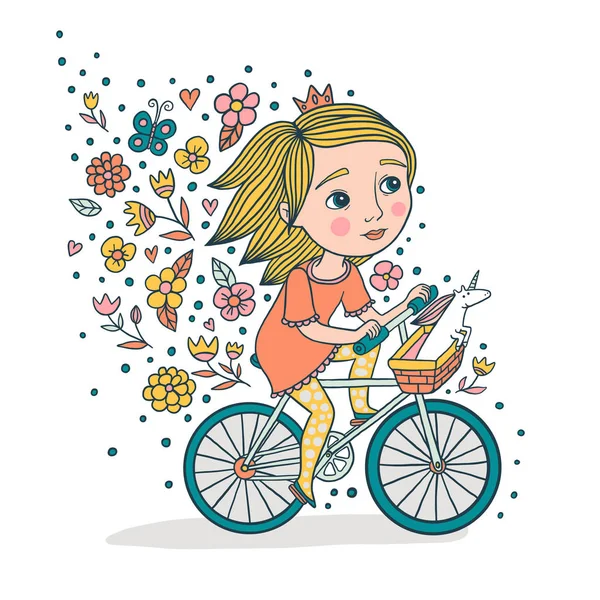 Girl And Her Unicorn On Bicycle — Stock Vector