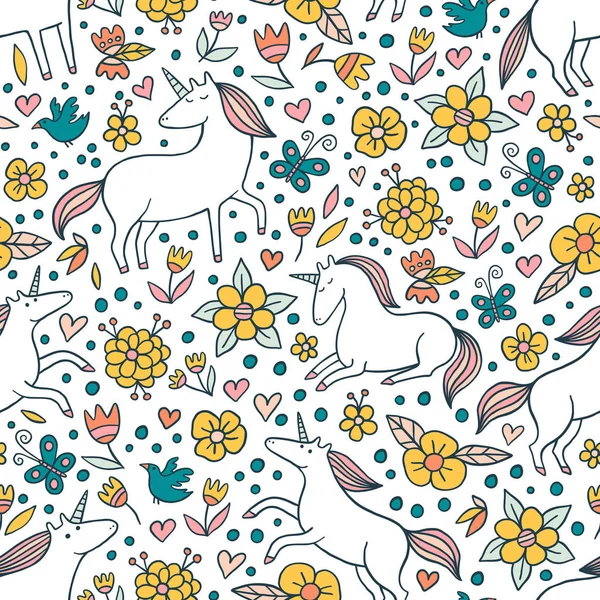 Beautiful Floral Pattern With Unicorns — Stock Vector