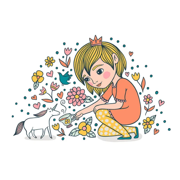 Μικρή πριγκίπισσα tames ο μονόκερος — Διανυσματικό Αρχείο