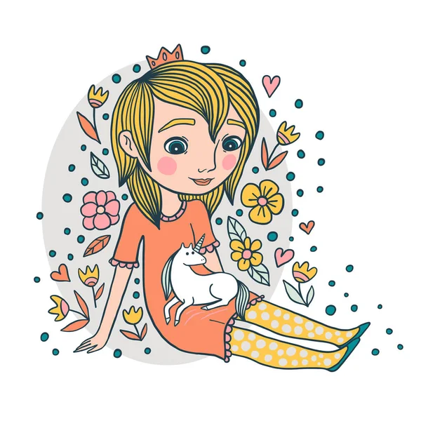 Cute illustratie over meisje en Eenhoorn vriendschap — Stockvector