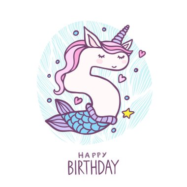 Şirin sayı beş deniz kızı tek boynuzlu at karakter vektör çizim