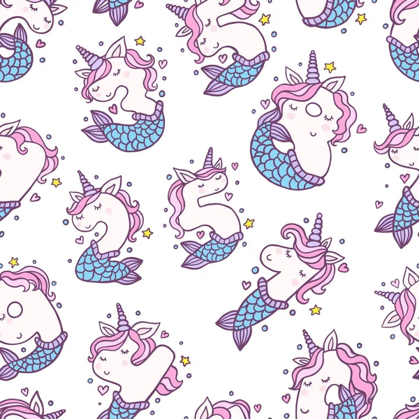 Cute Mermaid Unicorn Numbers Seamless Pattern - Stok Vektor