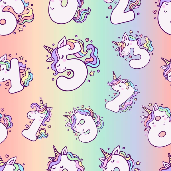 Cute Unicorn Numbers Seamless Pattern - Stok Vektor