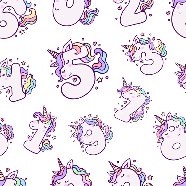 Cute Unicorn Numbers Seamless Pattern - Stok Vektor