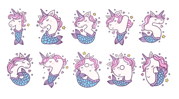 Nomor Dengan Cute Mermaid Unicorns Karakter Vektor Set - Stok Vektor