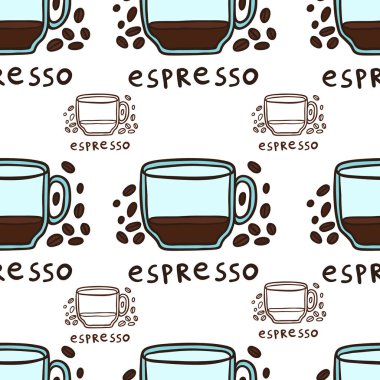 Yarım Fincan Espresso ve Kahve Çekirdekleri Vektör Dikişsiz Desen