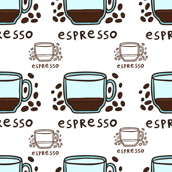 Halve kopje espresso en koffiebonen vector naadloze patroon — Stockvector