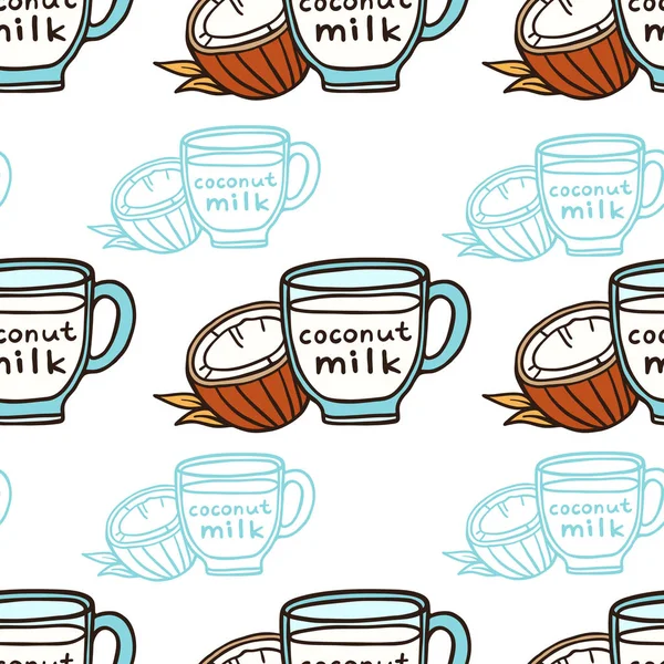 Latte di cocco in tazza Doodle vettoriale modello senza soluzione di continuità — Vettoriale Stock