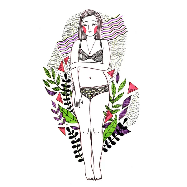 Sad Girl In Underwear Illustration — Stock Photo, Image