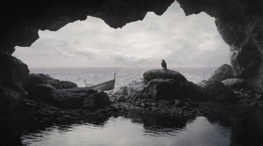 Karga 'nın kayalarda oturup nehri, mağarayı ve yalnızlığı izlediği güzel bir sahne.