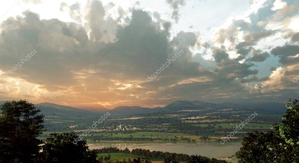 Majestic colorful orange sunset view with dramatic cloud formations in sky