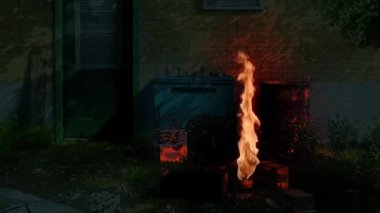 Evin dışında, odun yanıyor ve ateşin ışığı duvara ve diğer nesnelere yansıyor, gece sahnesi, 3 boyutlu animasyon, 3 boyutlu canlandırma.