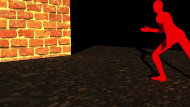 男がレンガの壁に向かって走っていると 壁にぶつかった後 彼の体は壊れた破片で崩壊します 動的シミュレーション3Dアニメーション3Dレンダリング — ストック動画