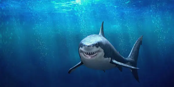 Great white shark in blue ocean , underwater scene of great white shark