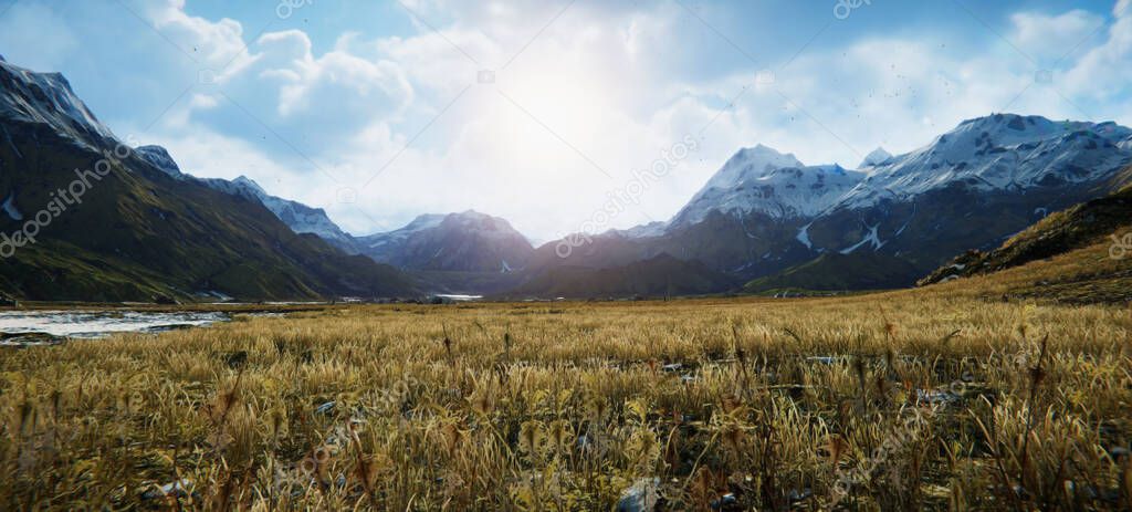 Majestic scenery of beautiful snow mountains and cloudy sky