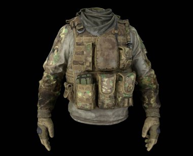 Asker ceketi ve üniforması, siyah arka planda izole edilmiş.