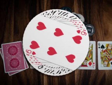 Kapanış Magical 3D animasyonu. Kumarhanedeki kağıt oyunları, ve kart numaralarının ve yüzlerinin teker teker değişmesi, poker oyunu, kumarhane fişleri, kumar falı.