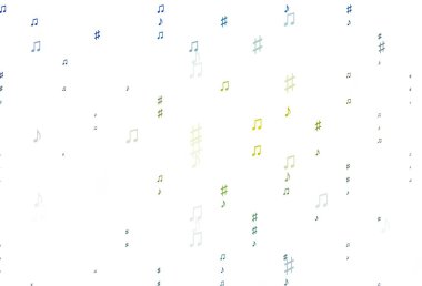 Açık Mavi, müzik sembollü sarı vektör arkaplan. Soyut arkaplanda rengarenk müzik tuşları. Müzisyenlerin web siteleri için desen.