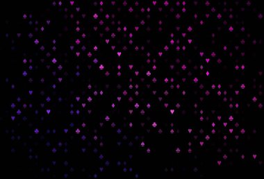 Koyu mor, iskambil kağıtlı pembe vektör dokusu. Renkli resimler, kalpler, maça, sinek, elmas. Vegas 'ta parti ilanları, etkinlikler.