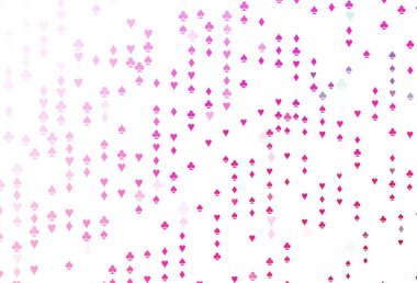 Kart sembollü açık pembe vektör deseni. Kalplerin, maça, sinek ve elmasların işaretleriyle renkli bir değişim. Kumarhanelerin kartvizitleri için şablon.