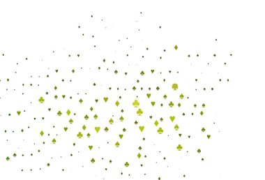 Poker sembollü açık yeşil vektör şablonu. Kalplerle, maça, sinek ve elmaslarla parlayan illüstrasyon. Kumarhanelerin kartvizitleri için şablon.