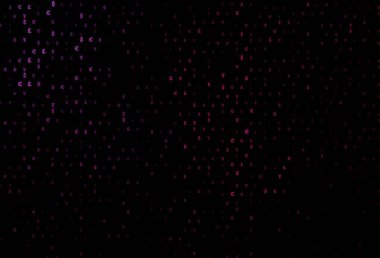 Bankacılık sembollü koyu mor vektör düzeni. Beyaz arka planda tüm para birimlerinin renkli sembolleri. Bu model finansal ve yatırım web siteleri için kullanılabilir.