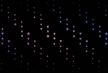 Koyu mavi, kırmızı vektör, kumar sembolleriyle kaplı. Kalplerin, maça, sinek ve elmasların işaretleriyle renkli bir değişim. Reklam, poster ve kumar siteleri için tasarım.