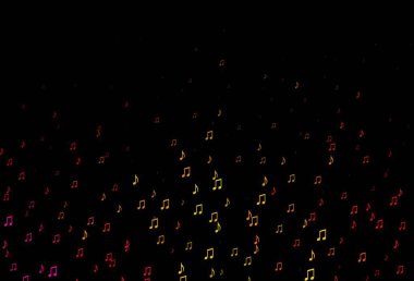 Koyu pembe, müzik sembollü sarı vektör arkaplan. Soyut arkaplanda rengarenk müzik tuşları. Müzisyenlerin web siteleri için desen.