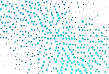 Açık mavi, kart elementleriyle birlikte yeşil vektör düzeni. Kalplerle, maça, sinek ve elmaslarla parlayan illüstrasyon. Kumarhanelerin kartvizitleri için şablon.