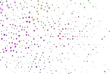 Açık Çokrenkli, Gökkuşağı vektör örtüsü ve kumar sembolleri. Kalplerle, maça, sinek ve elmaslarla parlayan illüstrasyon. Vegas 'ta parti ilanları, etkinlikler.