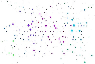 Açık Çokrenkli, poker sembollü Gökkuşağı vektör şablonu. Kalplerle, maça, sinek ve elmaslarla parlayan illüstrasyon. Vegas 'ta parti ilanları, etkinlikler.