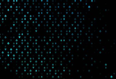 Koyu mavi vektör düzeni ve kart elemanları. Kalplerin, maça, sinek ve elmasların işaretleriyle renkli bir değişim. Kitapçıklar, kumarhanelerin broşürleri..