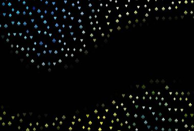 Koyu mavi, iskambil kağıtlı sarı vektör dokusu. Kalplerle, maça, sinek ve elmaslarla parlayan illüstrasyon. Kumarhanelerin kartvizitleri için şablon.