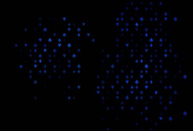 Poker sembollü koyu mavi vektör şablonu. Kalplerle, maça, sinek ve elmaslarla parlayan illüstrasyon. Vegas 'ta parti ilanları, etkinlikler.