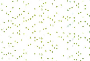 Açık yeşil, poker sembollü sarı vektör şablonu. Kalplerle, maça, sinek ve elmaslarla parlayan illüstrasyon. Vegas 'ta parti ilanları, etkinlikler.