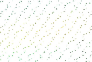 Açık yeşil, müzik sembollü sarı vektör arkaplan. Soyut tarzda dekoratif tasarım ve müzik şekilleri. Festival broşürleri için desen.