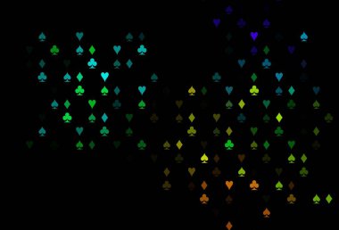Dark Multicolor, Gökkuşağı vektör arkaplanı ve kart işaretleri. Kalplerin, maça, sinek ve elmasların bulanık dekoratif tasarımı. Kumarhane reklamınız için akıllı tasarım.