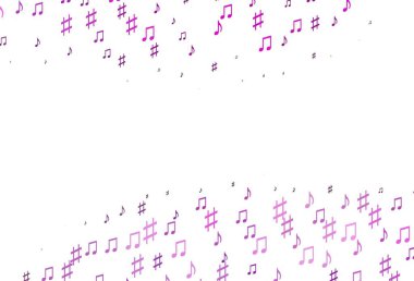 Müzik notalarıyla birlikte açık mor vektör arkaplanı. Renkli melodi sembolleri olan soyut çizimler. Festival broşürleri için desen.