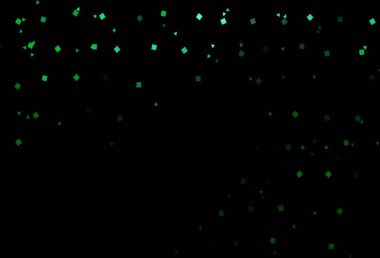 Daireleri, çizgileri, dikdörtgenleri olan koyu yeşil vektör düzeni. Renkli daireler, üçgenler, kareler çizilmiş bir resim. Web siteleri için şablon kullanılabilir.