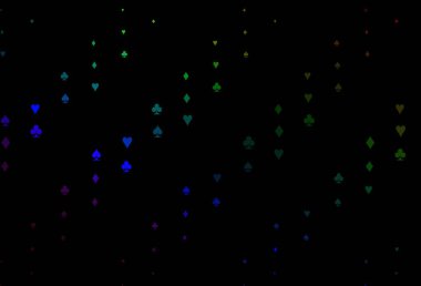 Koyu renkli, kart işaretli gökkuşağı vektör arkaplanı. Kalplerin, maça, sinek ve elmasların bulanık dekoratif tasarımı. Reklam, poster ve kumar siteleri için tasarım.