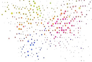 Açık Çokrenkli, Gökkuşağı vektör örtüsü ve kumar sembolleri. Renkli resimler, kalpler, maça, sinek, elmas. Poker oyunları ve etkinlikler broşürleri için desen.