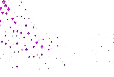 Kart işaretli açık pembe vektör arkaplanı. Kalplerin, maça, sinek ve elmasların işaretleriyle renkli bir değişim. Kumarhanelerin kartvizitleri için şablon.